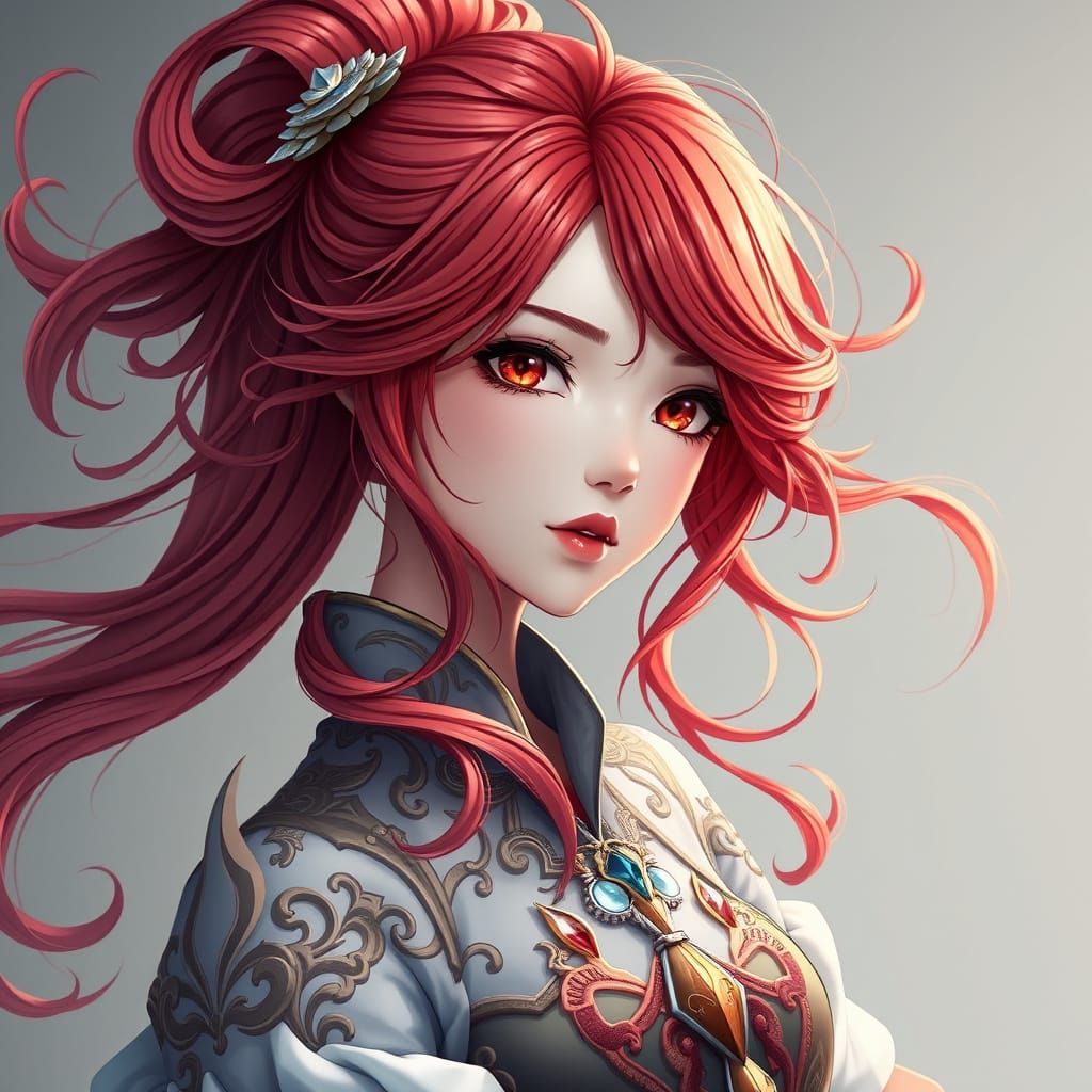 Elegant Fantasy Woman in Vibrant Anime-Inspired Attire