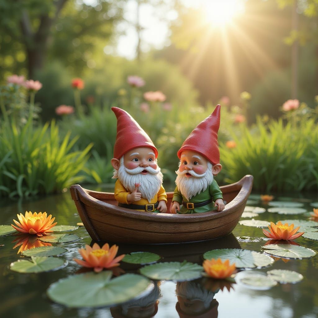 Gnomes' Houseboat on Pond: 3D Digital Art
