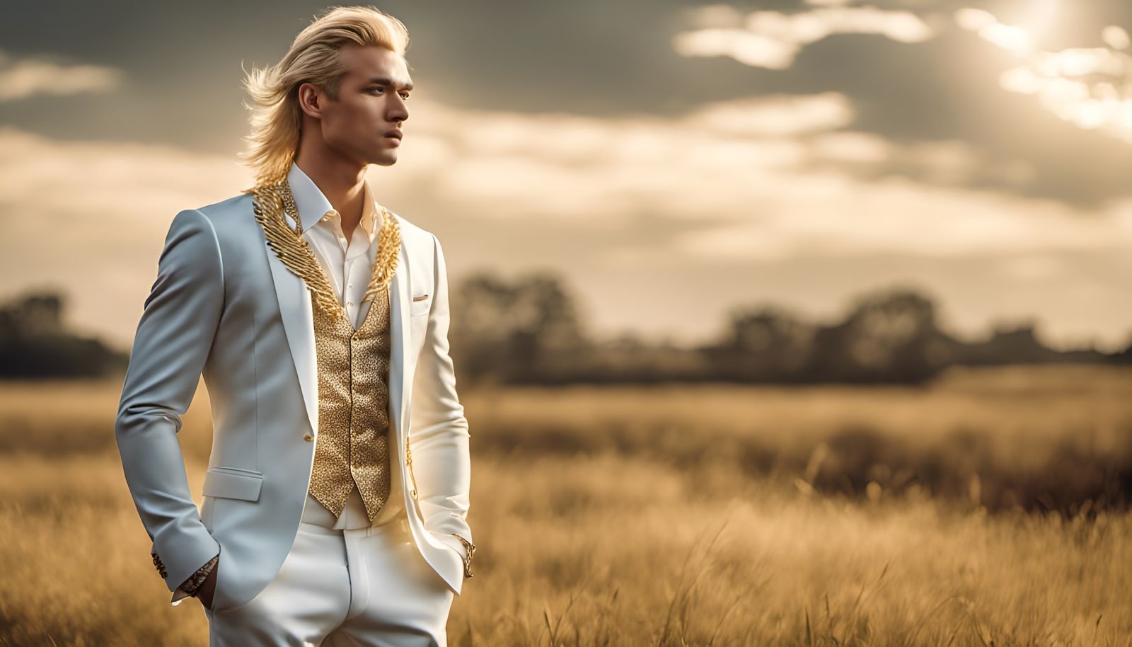 Hyperrealistic Asian Man in Feathered Tuxedo