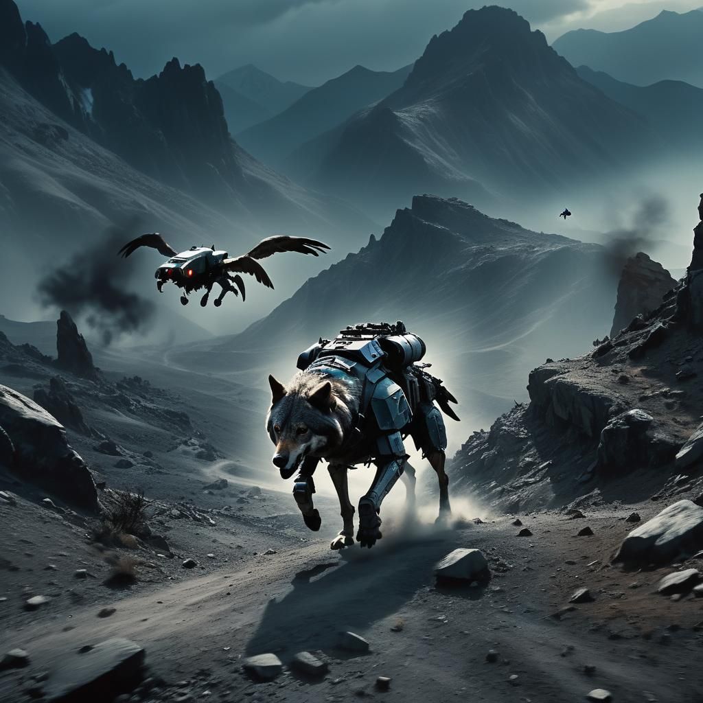 Armored Wolf in Apocalyptic Landscape with Drone