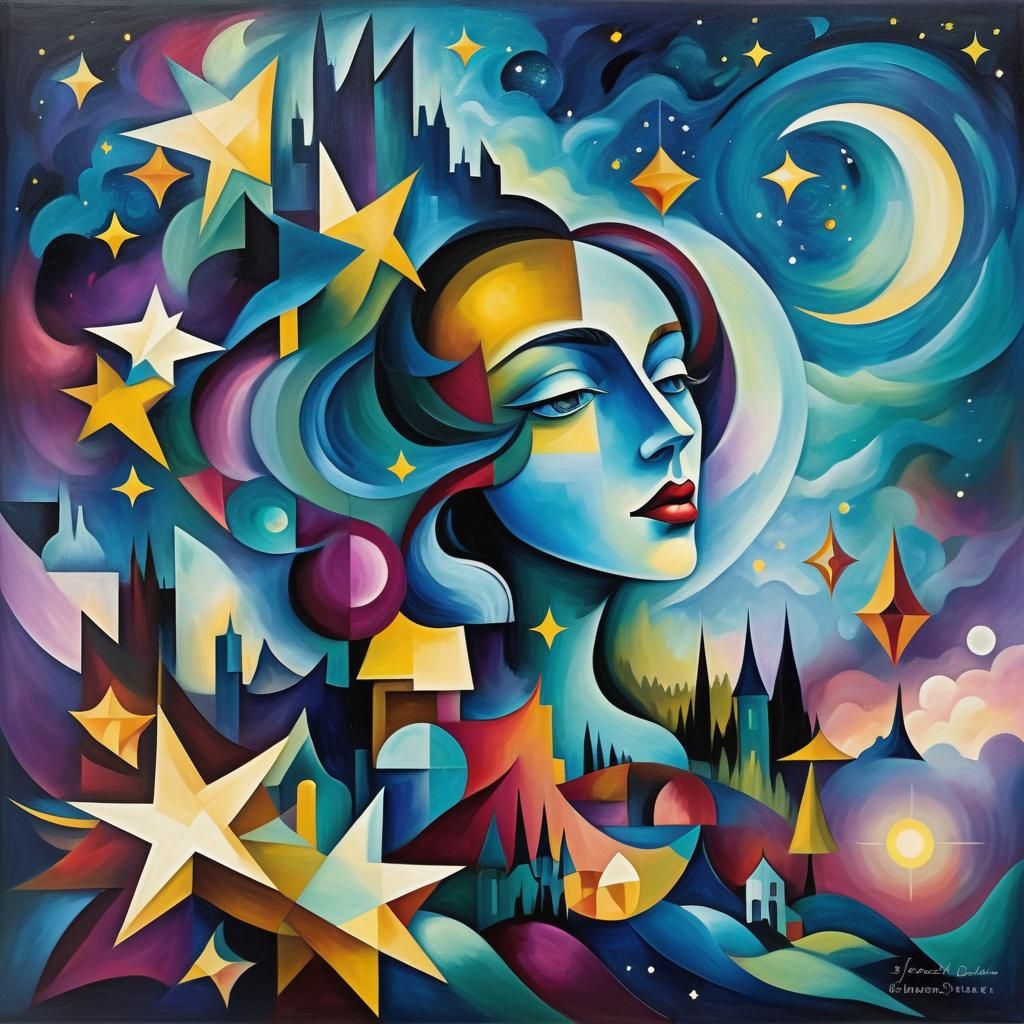 Surreal Cubist Dreamscape with Starry Night Influence