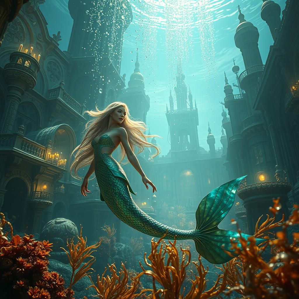 Iridescent Mermaid in Sunken Metropolis