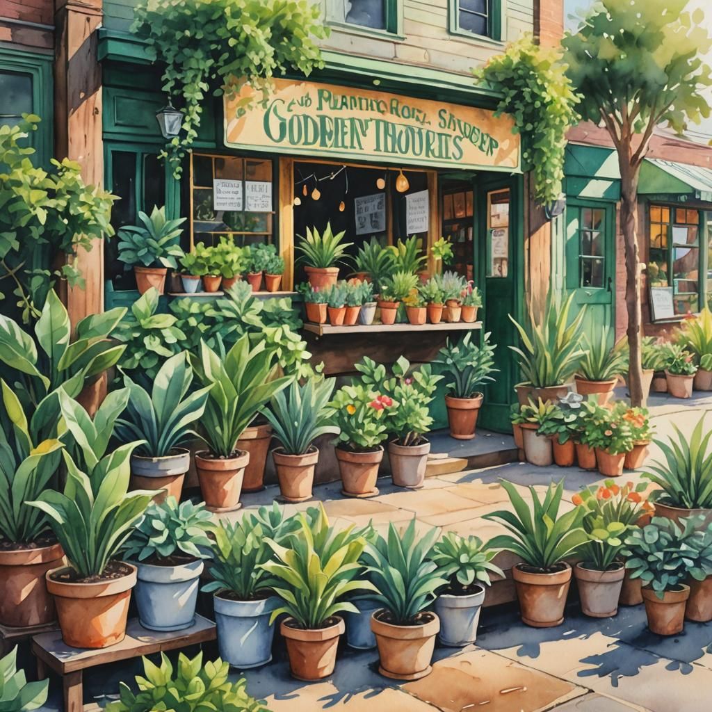 Whimsical Watercolor Plant Shop in Green Haven