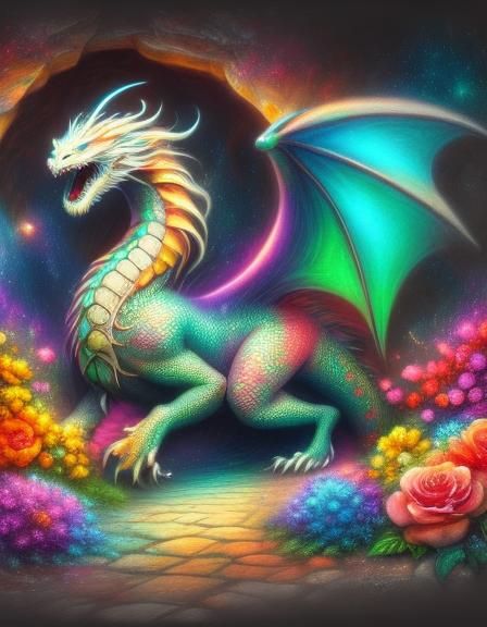 Vibrant Chalk Art Dragon with Luminescent Gems