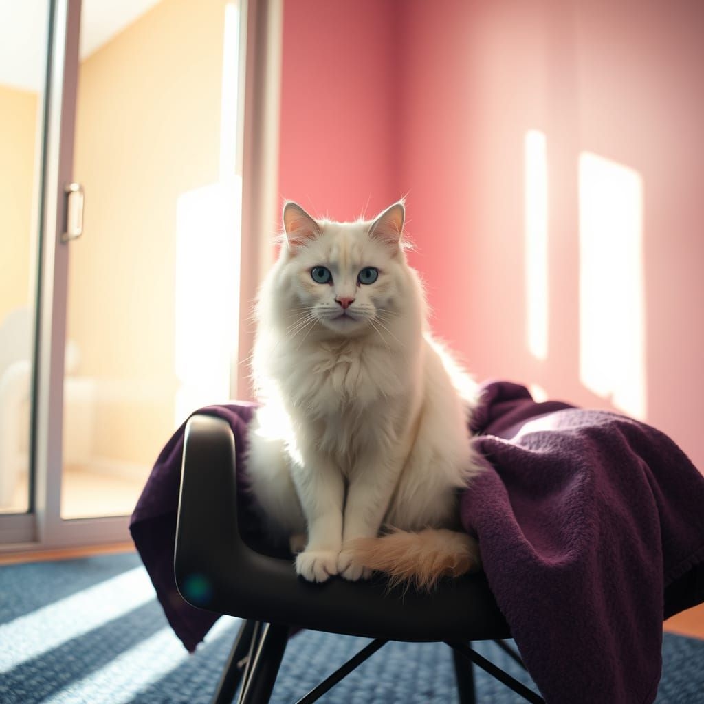 Fluffy White Cat in Sunlight on Black Chair
