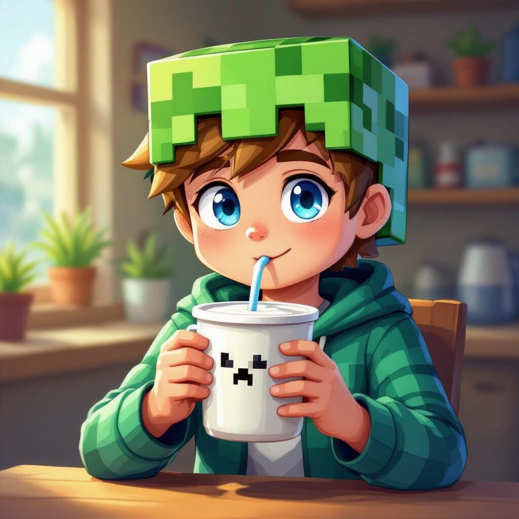 Minecraft Boy Drinks Milk From Bucket With Block Head