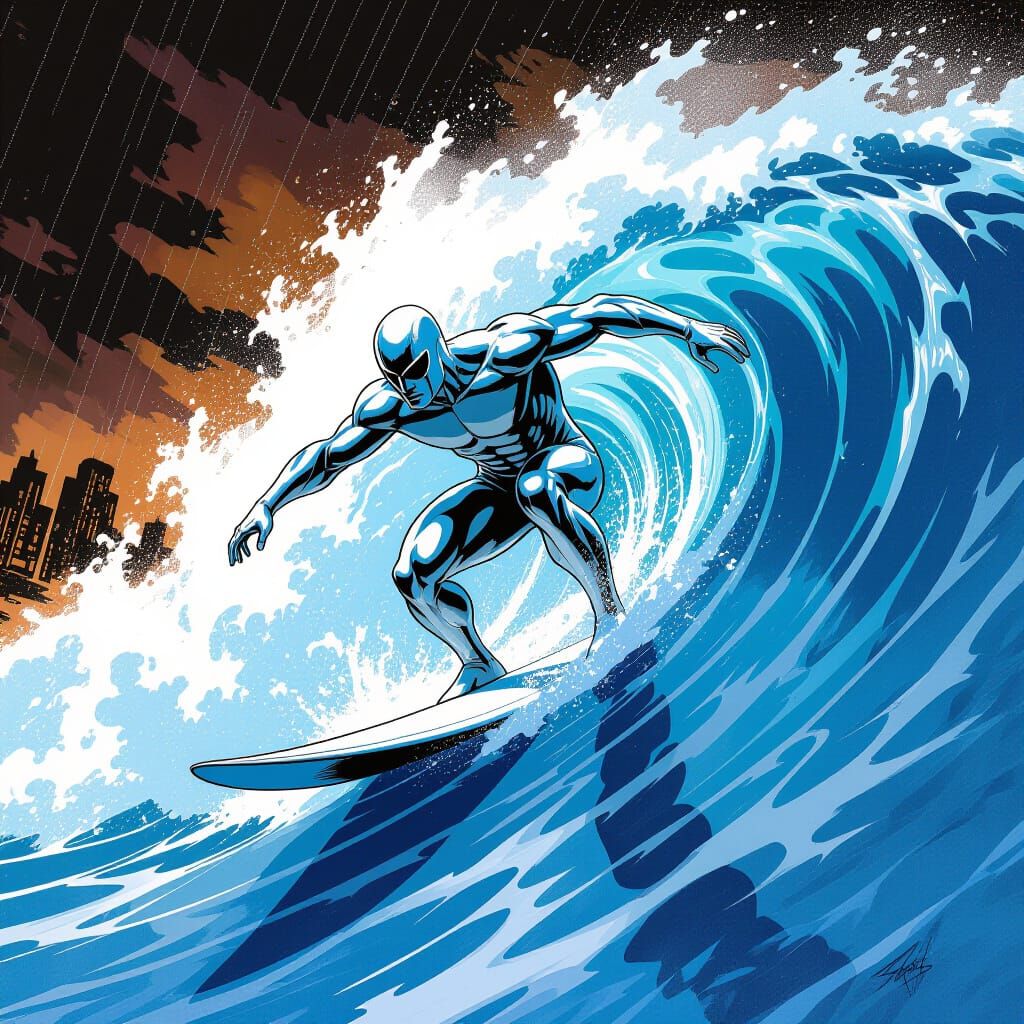 Silver Surfer Rides a Flood Wave in Comic Book Style