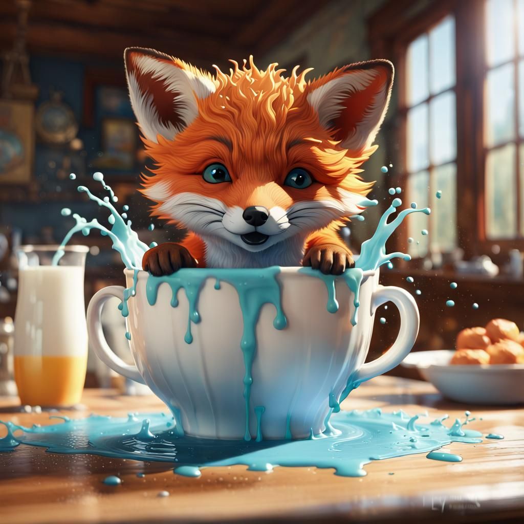 Hyperdetailed Baby Fox Splashing in Milk Cup