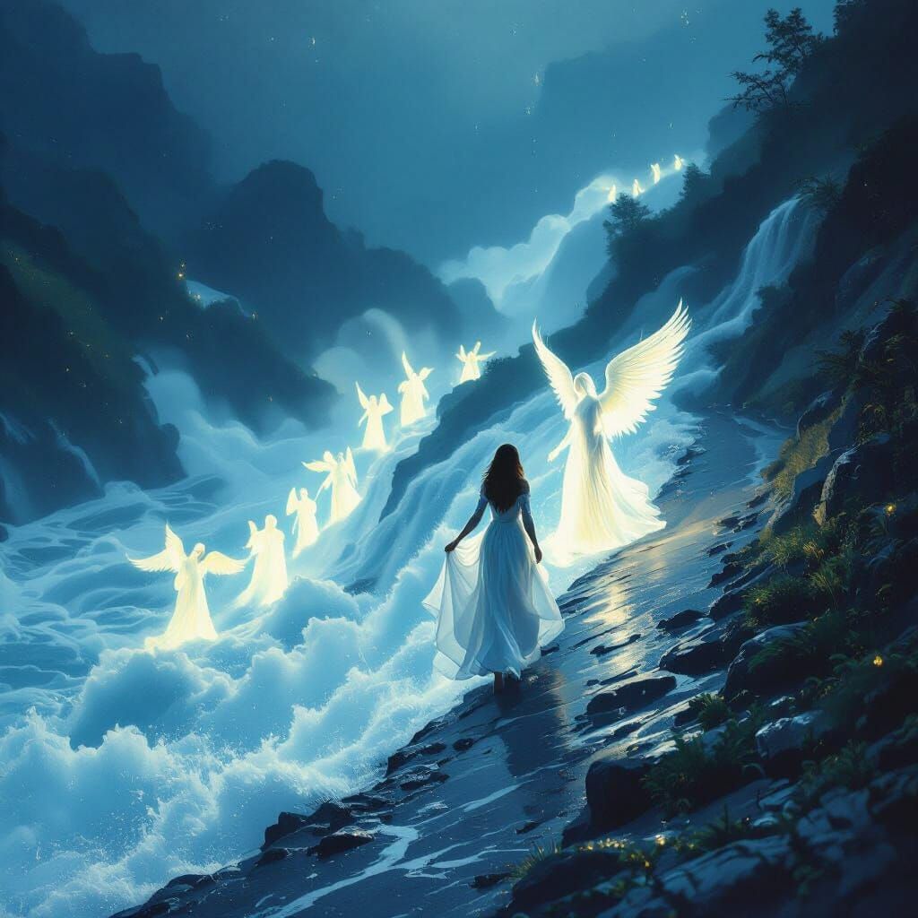 Woman Climbs Flood River Aided by Angels at Night