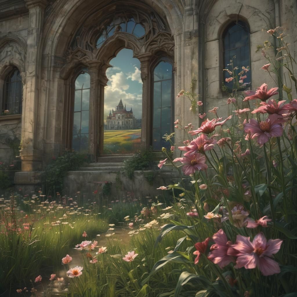 Majestic Flower Overlooks Castle in Dark Fantasy Art