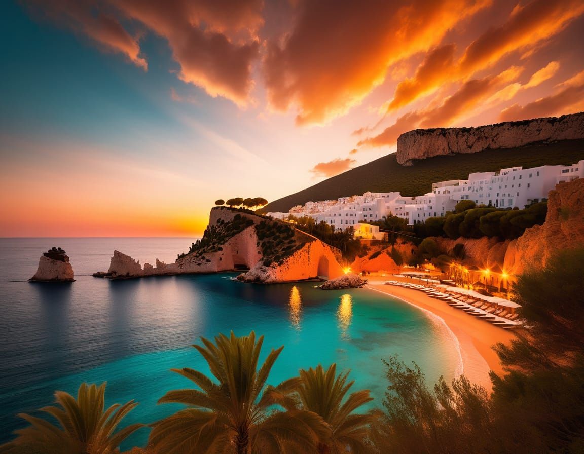 Idyllic Sunset Over Ibiza's Turquoise Coastline