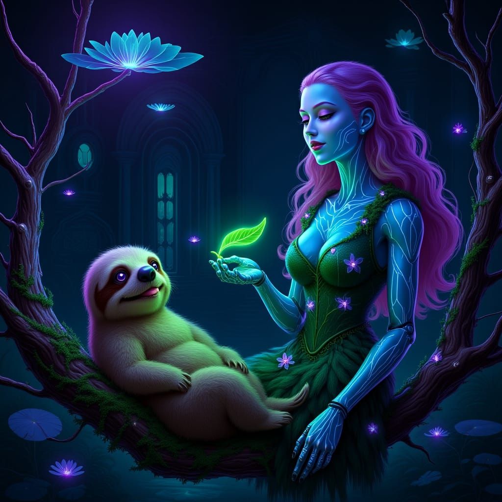 Sloth and Robot in Neon Jungle Digital Art