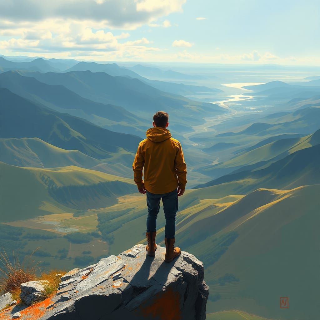 Hiker Gazes at Serene Mountain Landscape