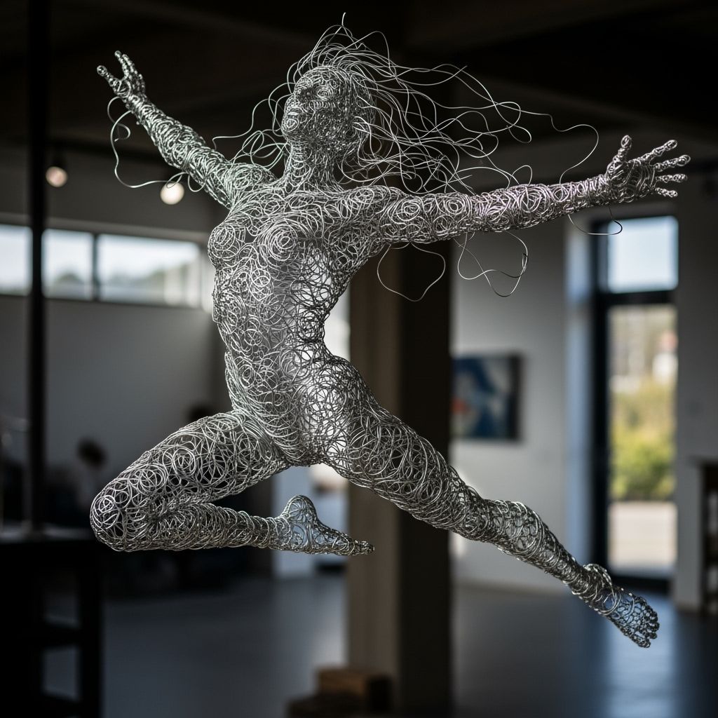Dynamic Wire Sculpture of Human Figure Mid-Leap