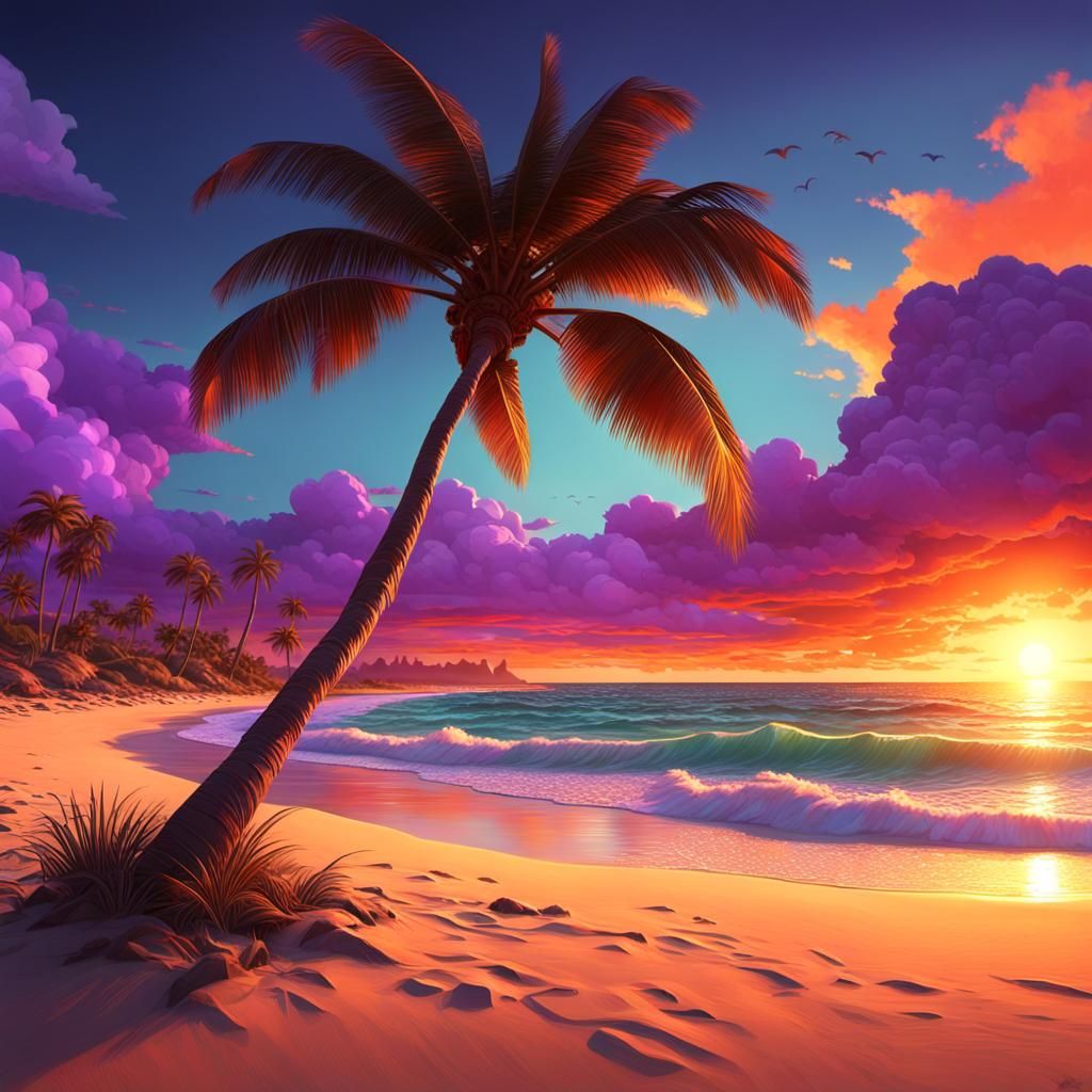 Tropical Beach Sunset with Palms in Hyperdetailed Style