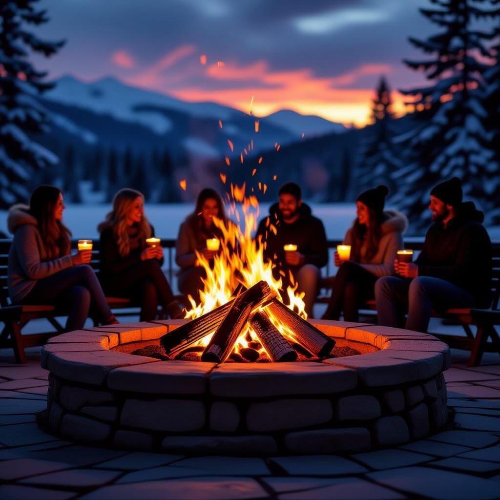Cozy Night Firepit Scene with Silhouetted Figures and Glowin...