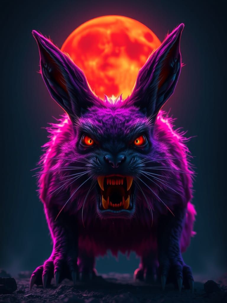 Feral Were-Rabbit Under Blood Moon, Dark Fantasy Art