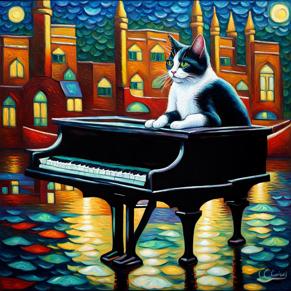 Tuxedo Cat Piloting a Stained Glass Boat