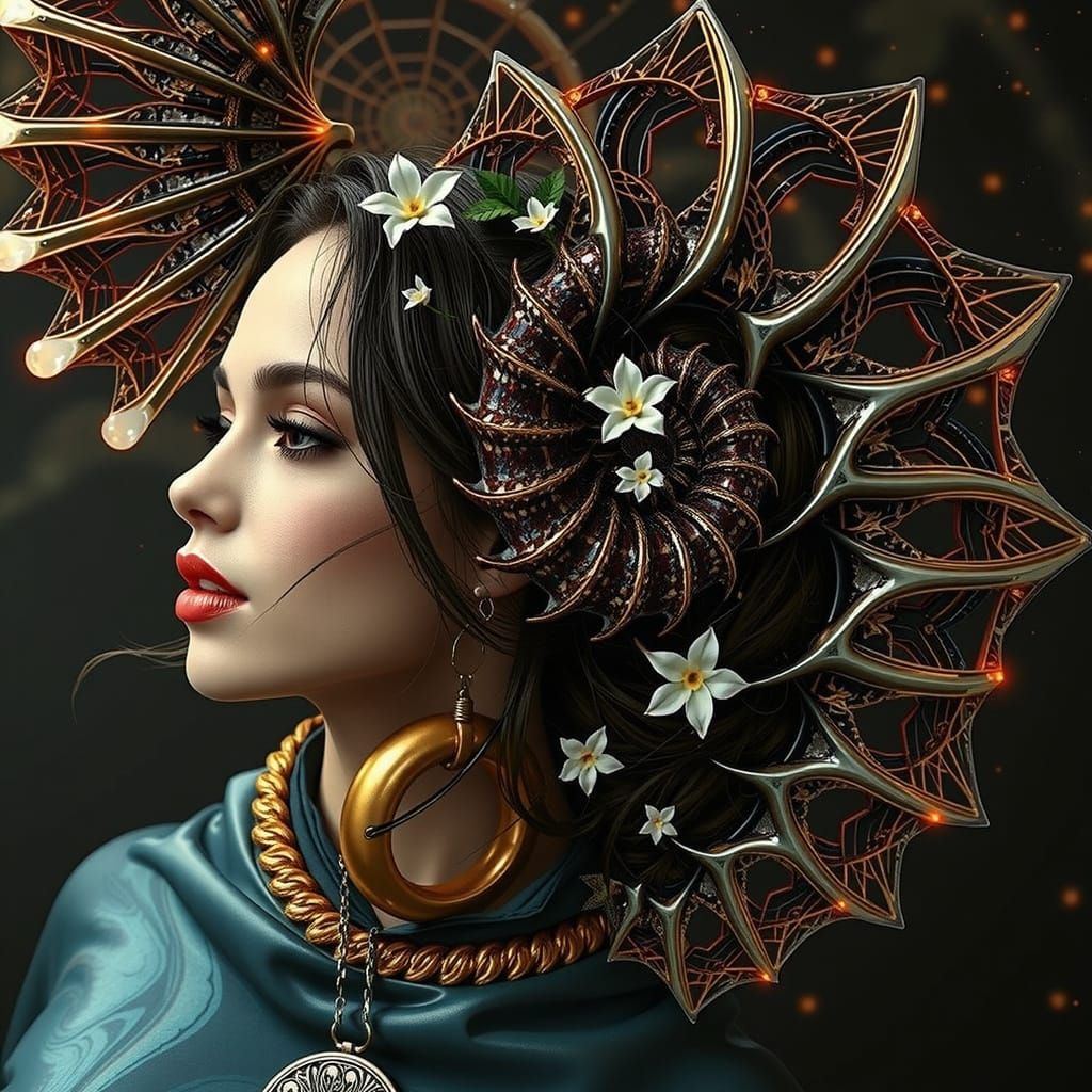 Woman Against Starry Night with Fractal Patterns