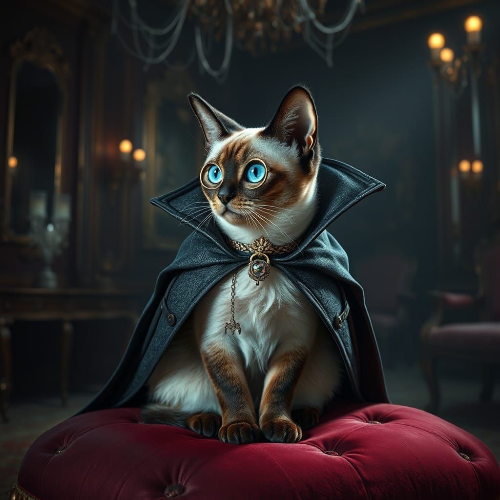 Regal Siamese Vampire Cat on Velvet Cushion