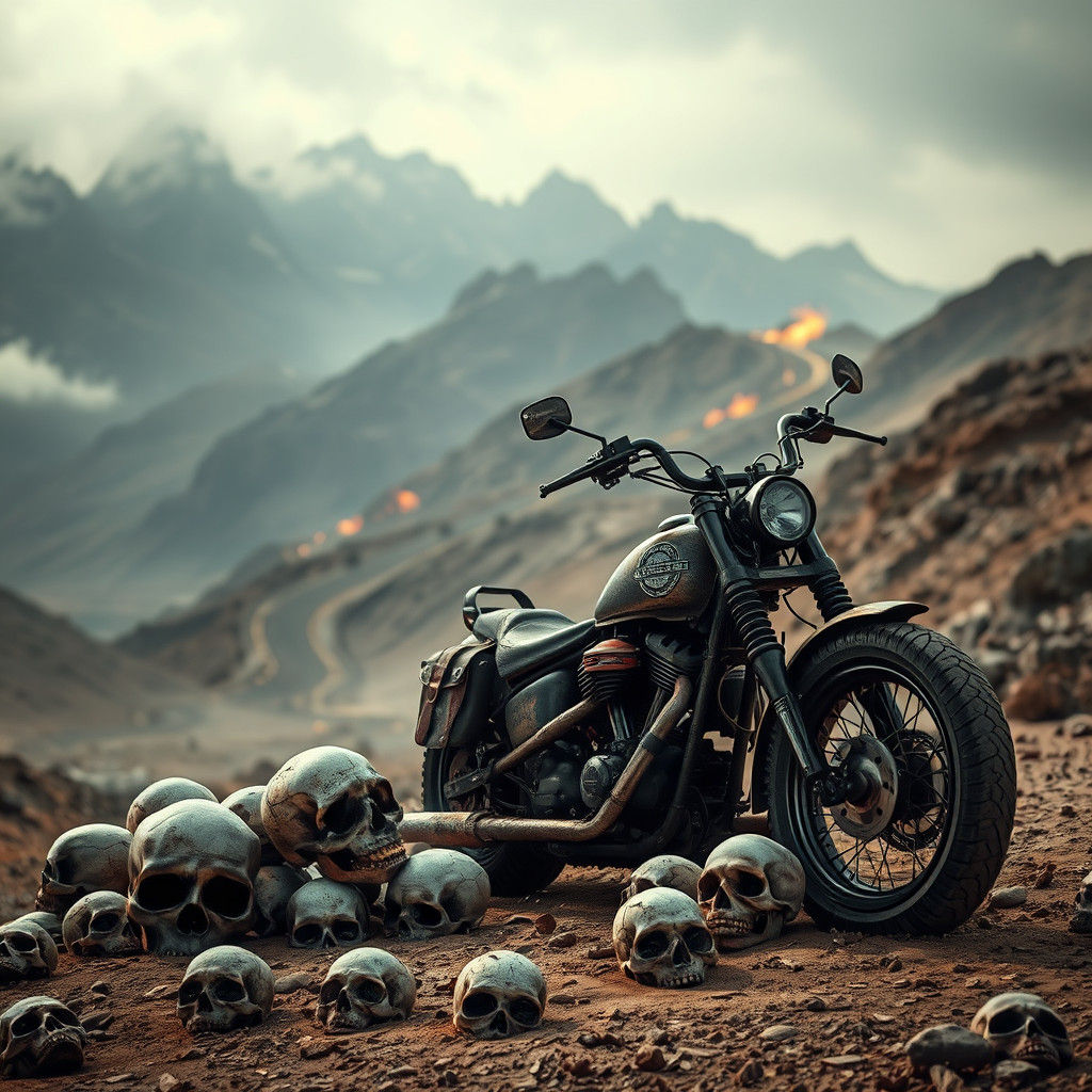 Vintage Motorcycle and Skulls on a Burning Road