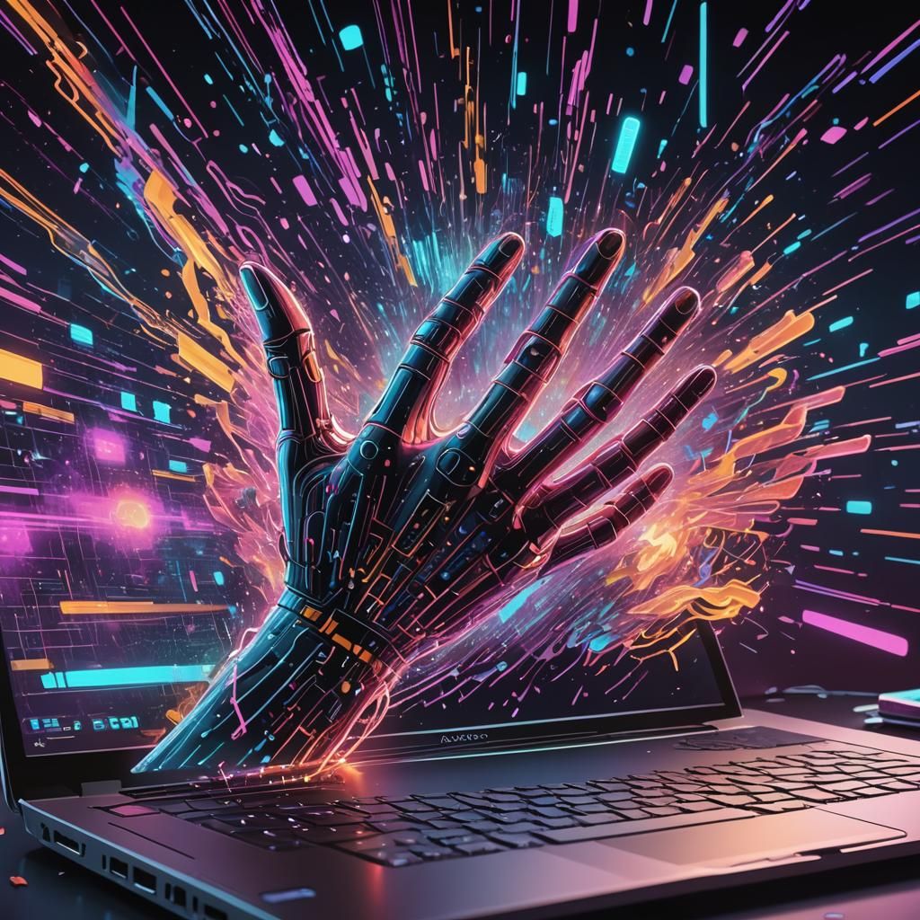Cybernetic Hacker Hand Breaking Through Laptop Screen