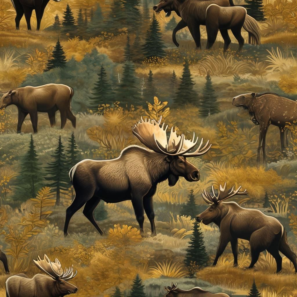 Art Deco Wildlife Scene with Moose and Bear