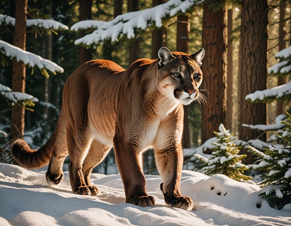 Majestic Cougar in Snowy Forest at Golden Hour