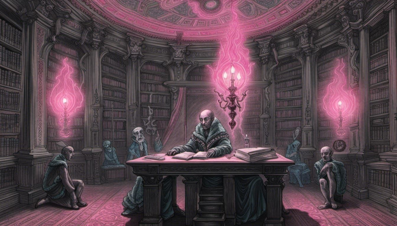Eldritch God in Victorian Library, Synthwave Horror Style