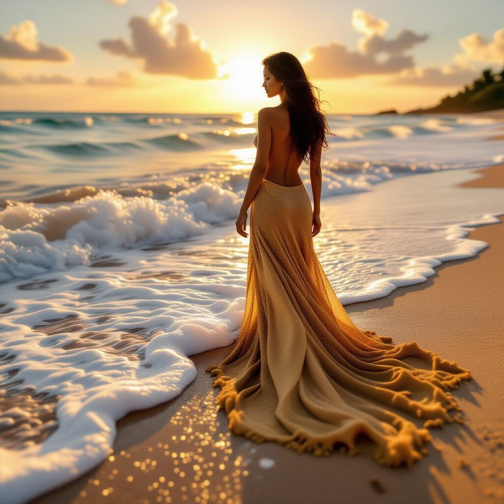 Woman Made of Sand Washed Away by Ocean Tide