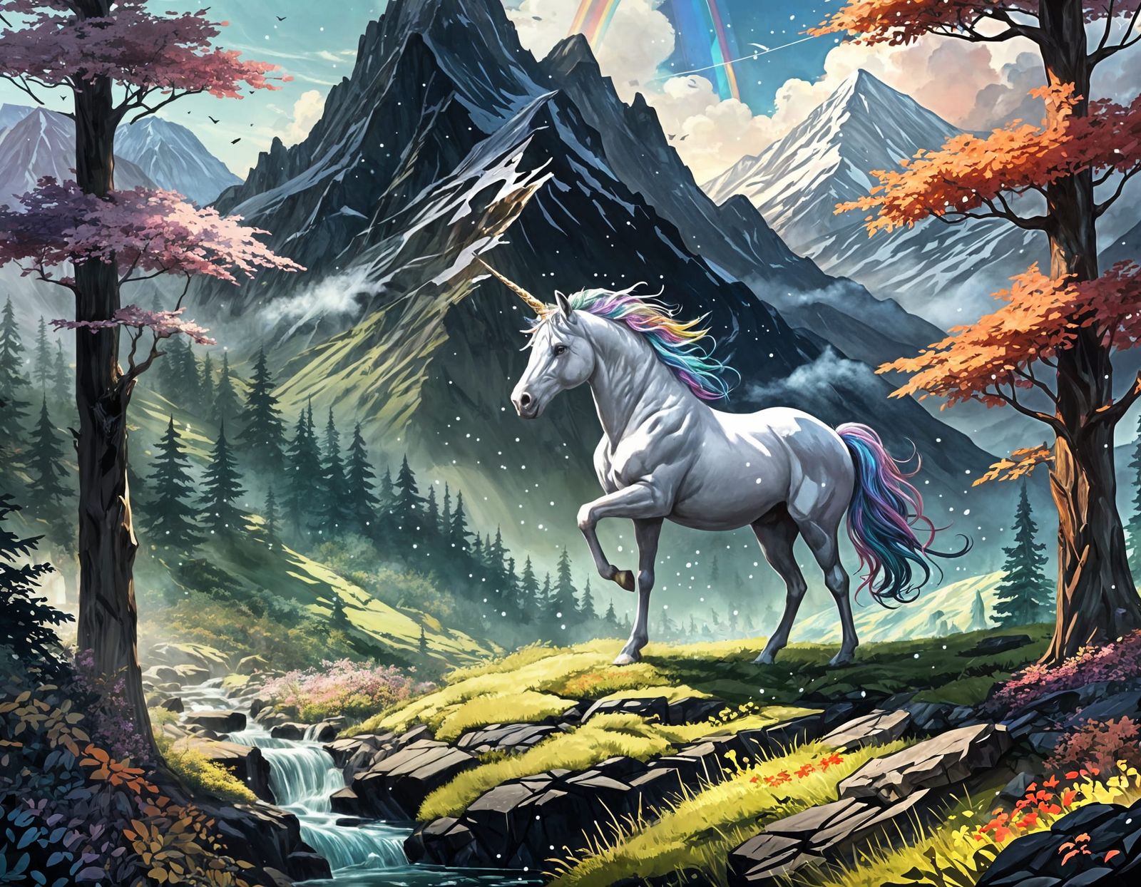 Surreal Unicorn Stained Glass Window in Vibrant Colors