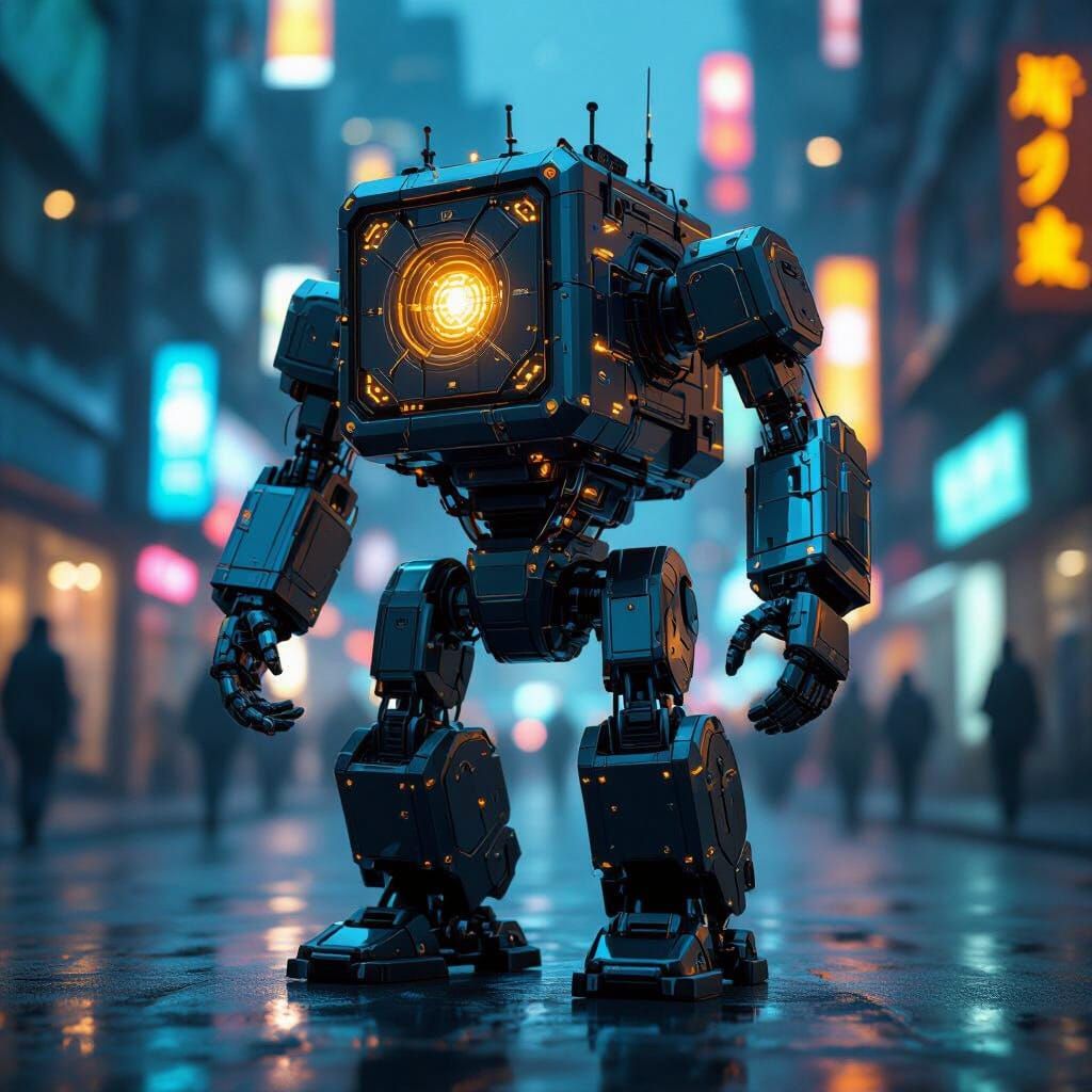 Cyberpunk Robotic Cube in Neon Cityscape