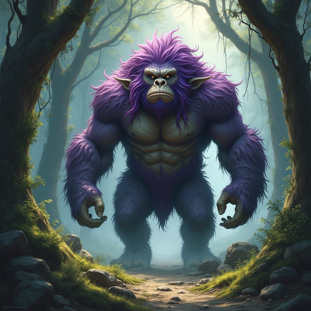 Fierce Purple-Haired Troll with Gorilla Body in Dark Fantasy...