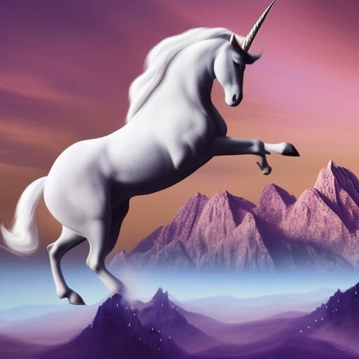 Unicorn Leaping Before a Sunset Mountain Landscape