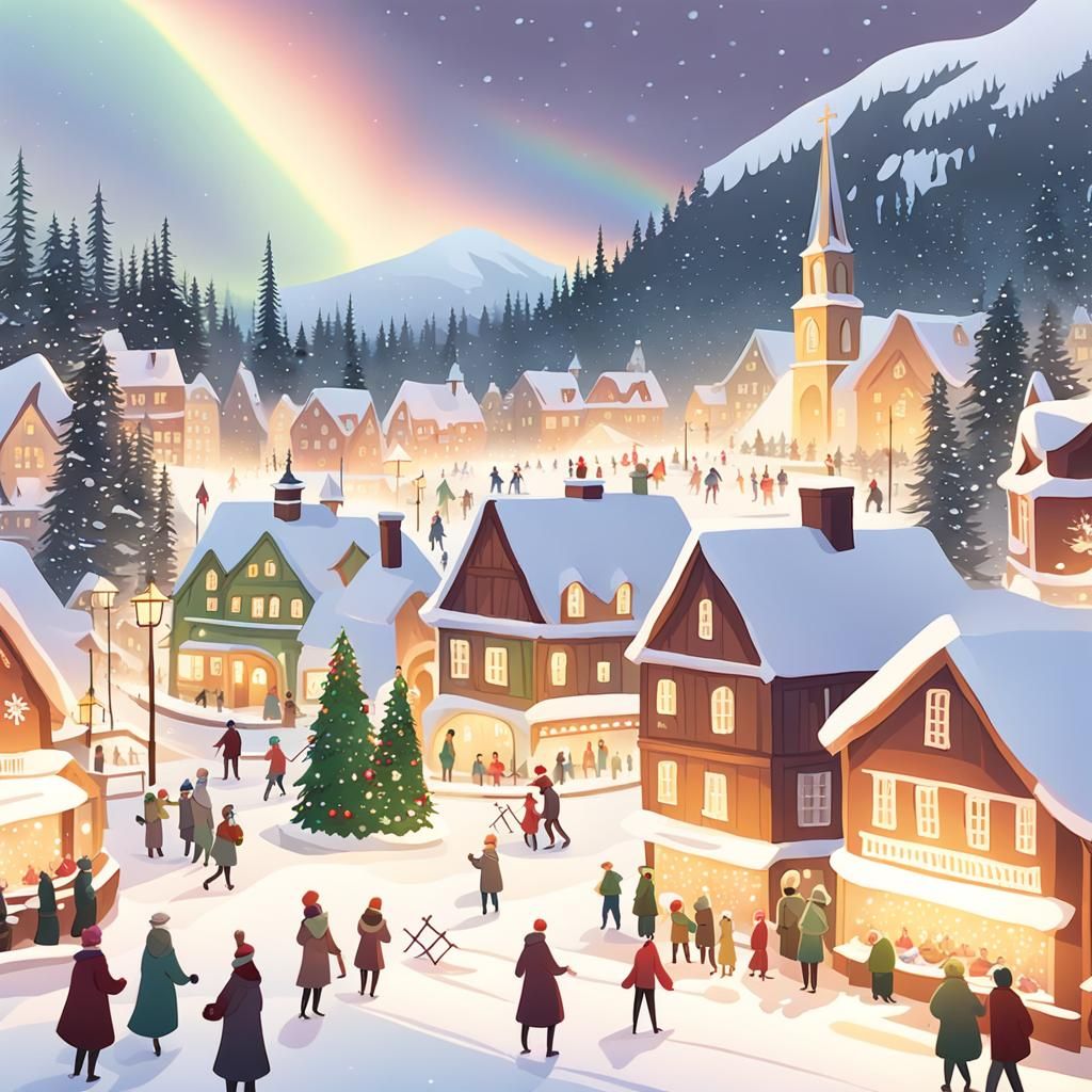 Festive Christmas Eve in Snow-Covered Village