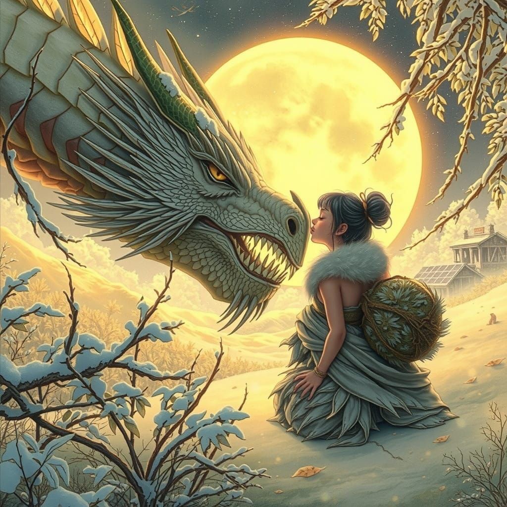 Muted Dystopian Watercolour Dreamscape of Caveman Girl and D...