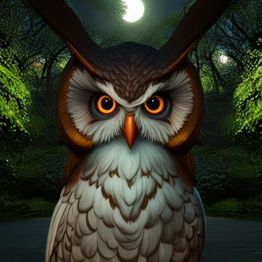 Serene Owl Portrait under Moonlight, Art Nouveau