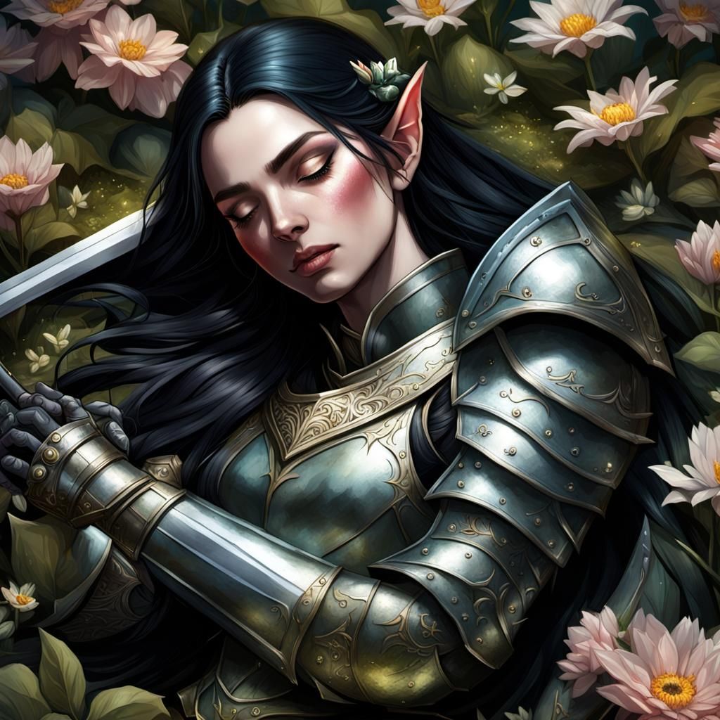 Female Knight in Floral Field, Dark Fantasy Art
