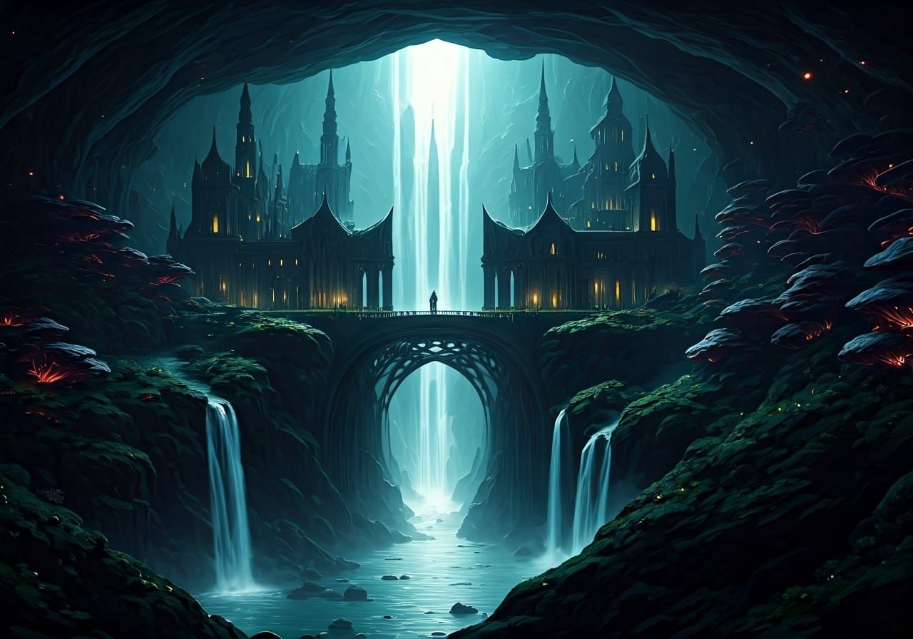 Bioluminescent Elven City in Vast Cavern