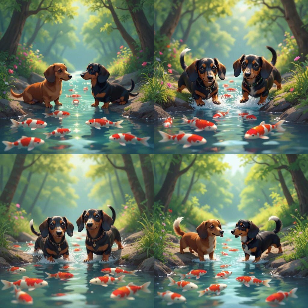 Two Dachshunds Leap Into A Koi-Filled River