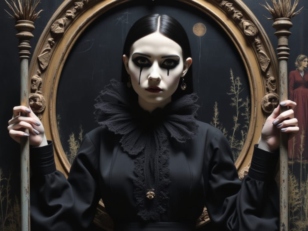 Goth Girl in Gilded Frame, Dark Atmospheric Scene