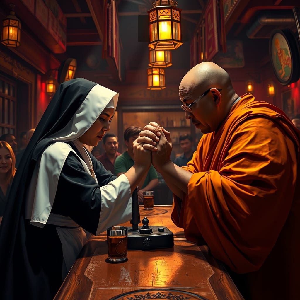 Nun and Monk Arm Wrestling: Digital Painting