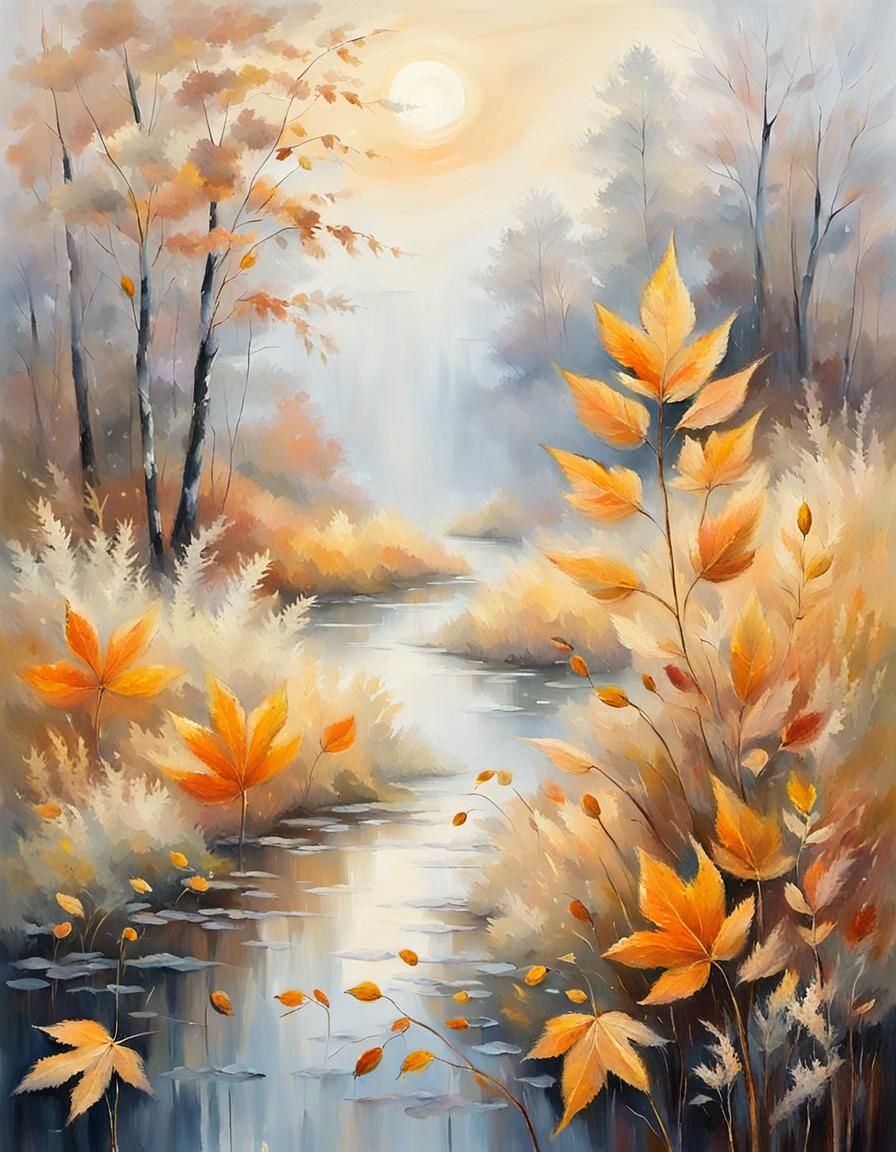 Impressionist Autumn Landscape with Frost and Wildflowers