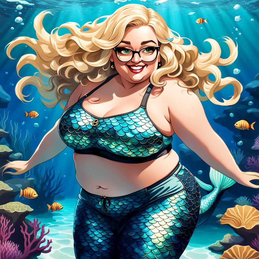 Curvy Mermaid with Older Man in Underwater Scene