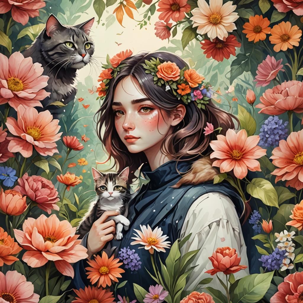 Girl Hugging Cat Under Flower, Watercolor Clipart