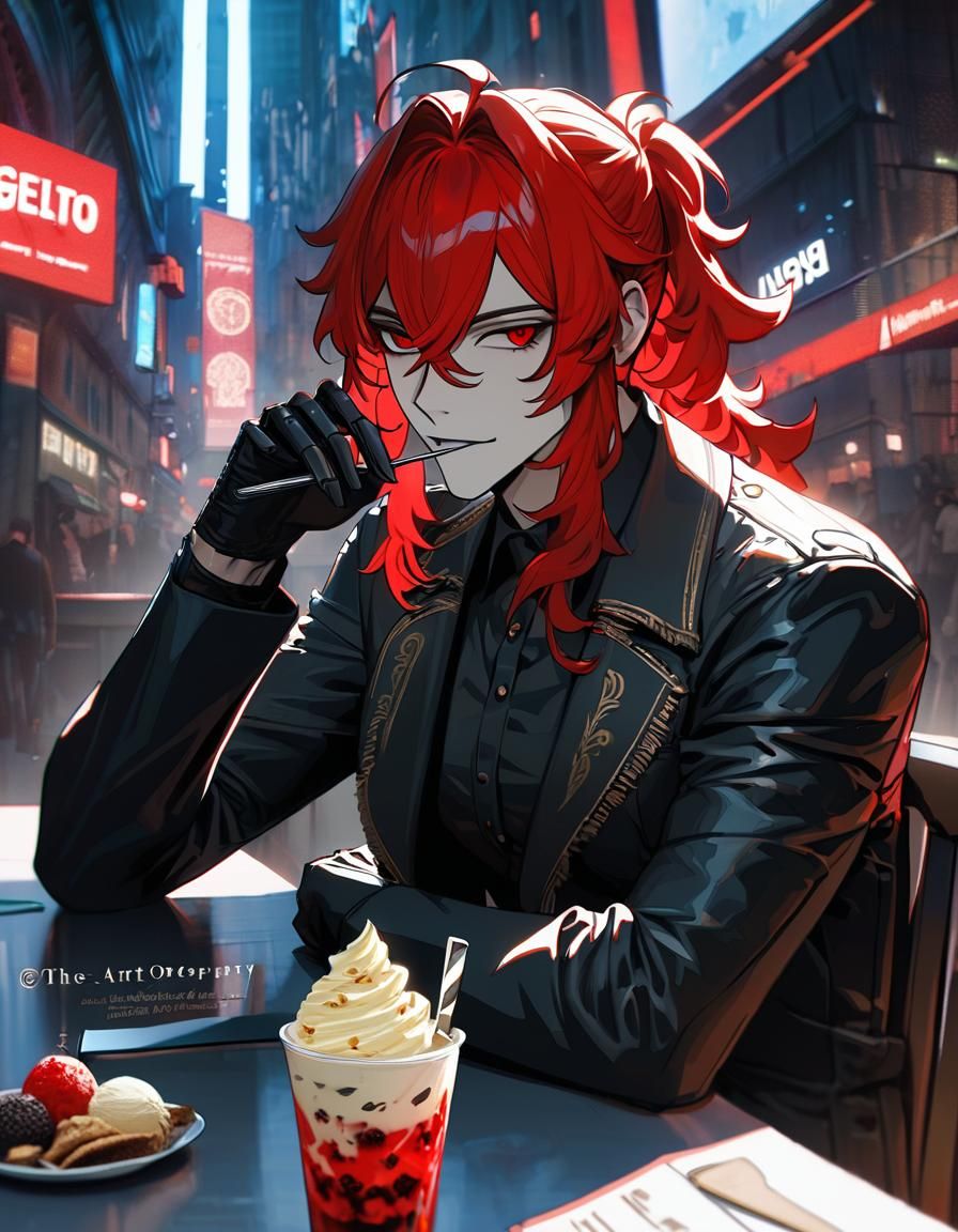 Cyberpunk Anime Boy Enjoys Gelato