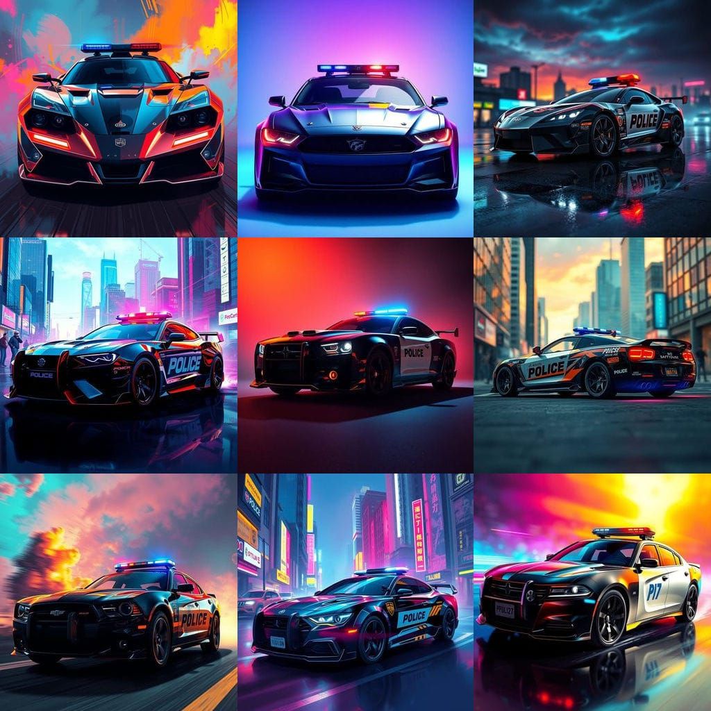 Hyperrealistic Police Car in Vibrant Splash Art