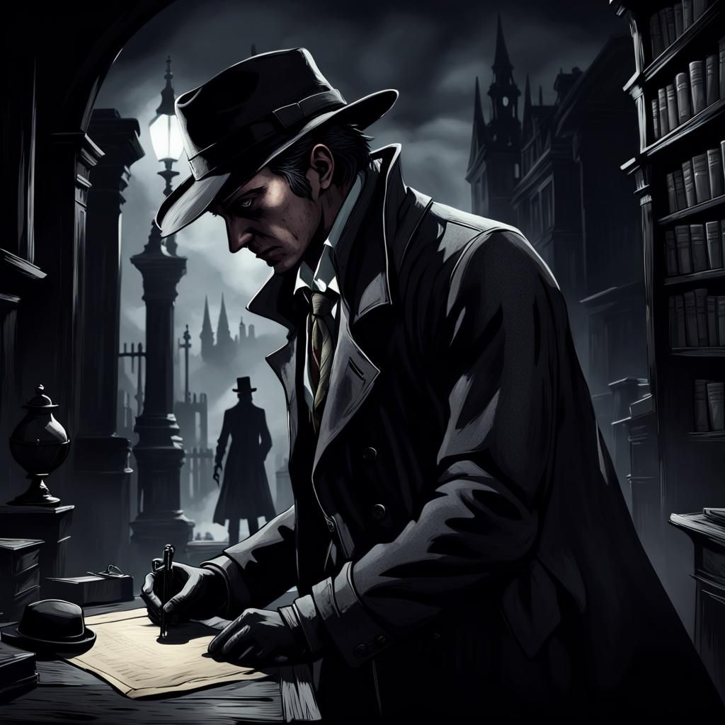 Noir Detective Solving a Case in Bloodborne Style