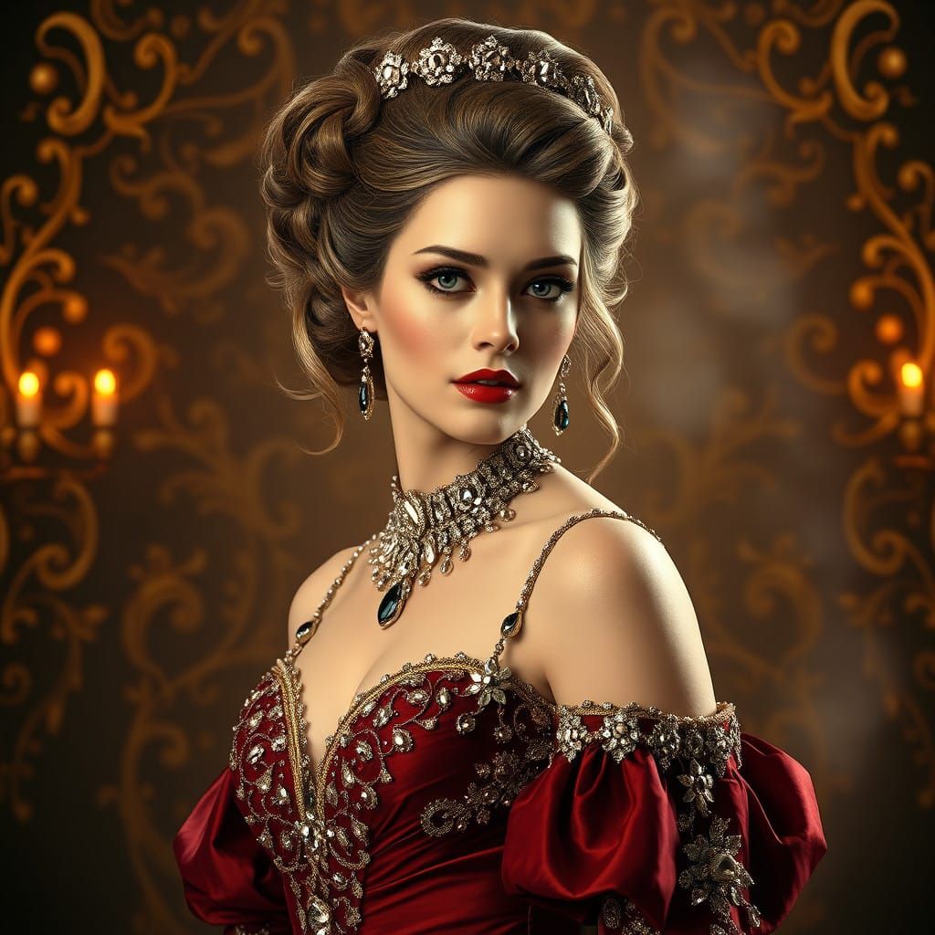 Elegant Aristocratic Woman in Burgundy Evening Gown with Pea...