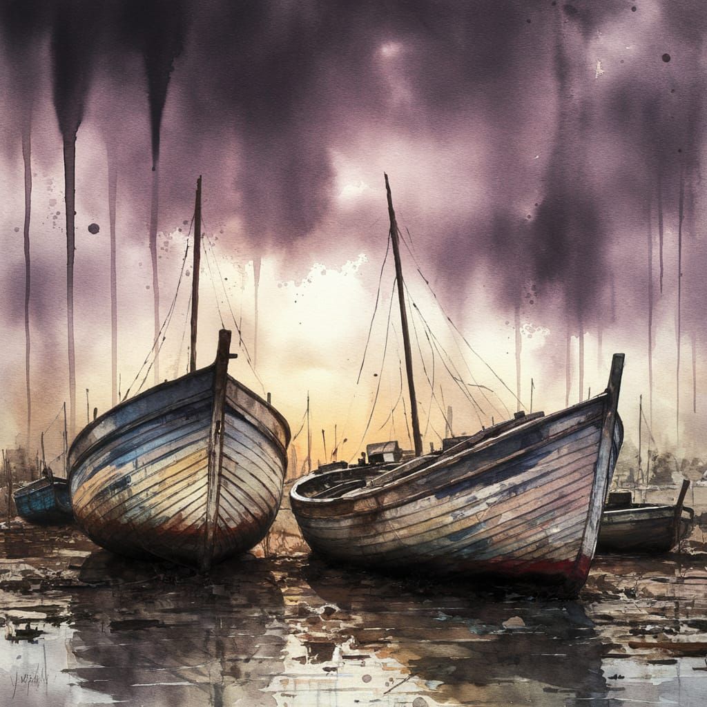 Stormy Afternoon Boatyard in Whimsical Watercolor Oil